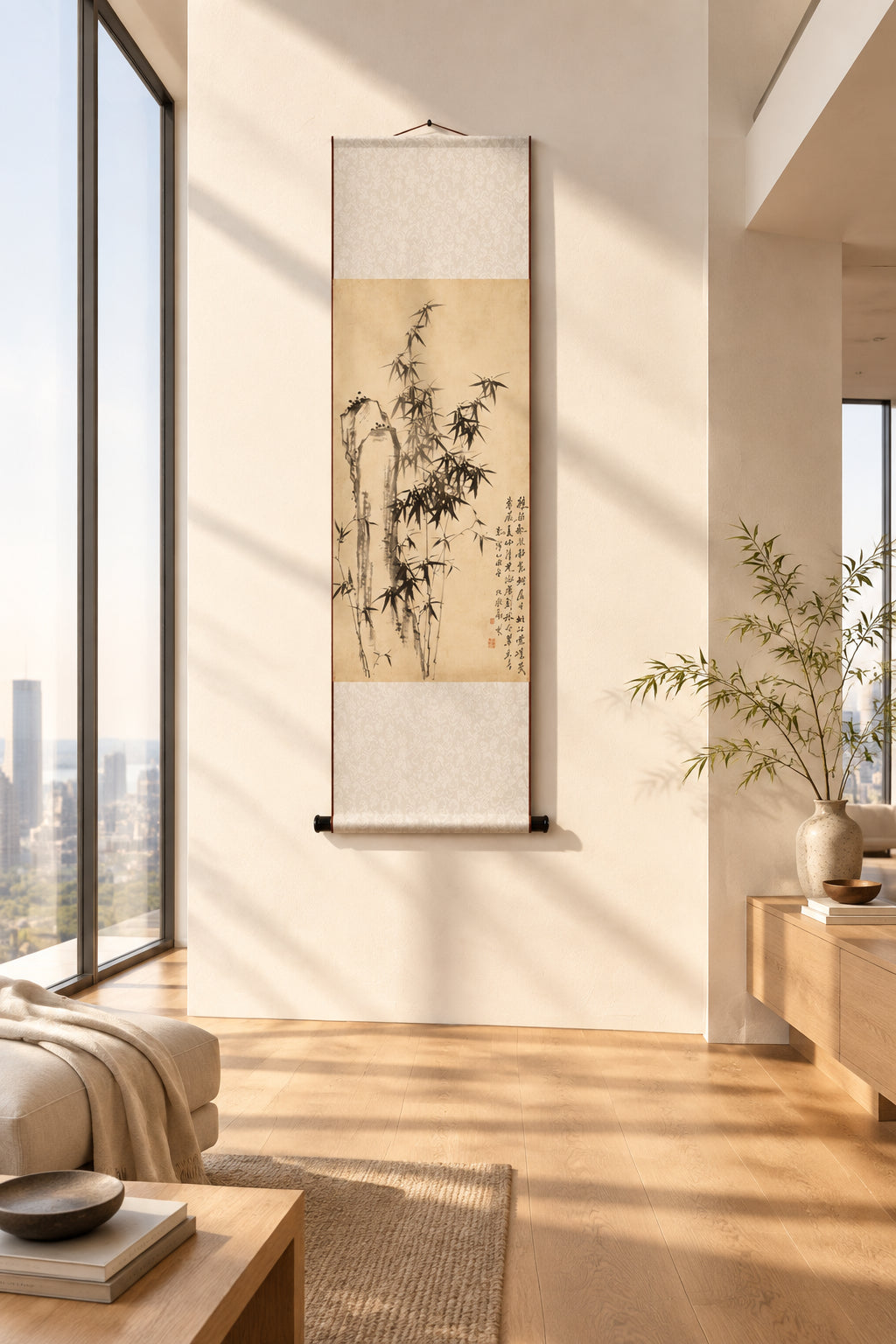 A vertical hanging scroll artwork with a beige center panel showing a black ink bamboo illustration and calligraphy, displayed on a cream wall in a modern sunlit room with wood floors and large windows.