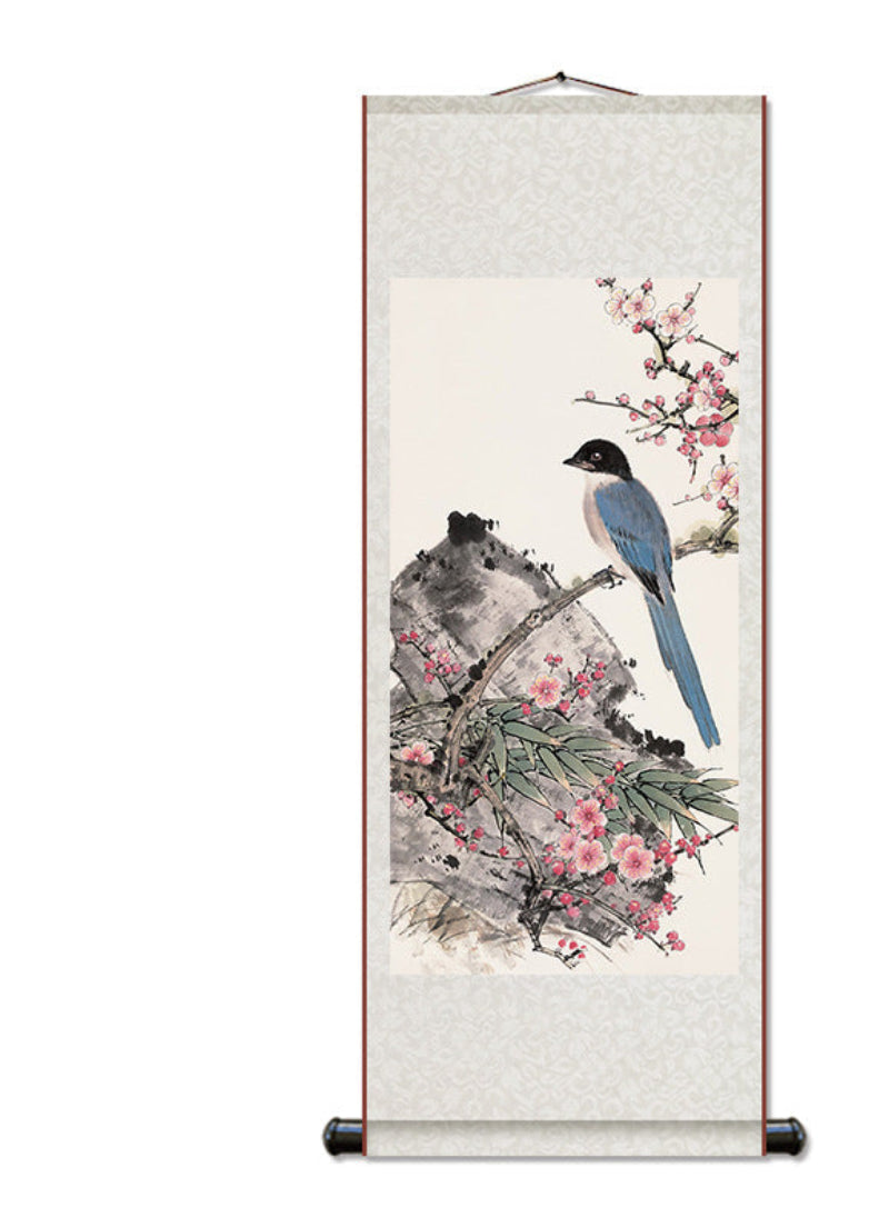 Traditional Chinese scroll with birds and flowers on a white background
