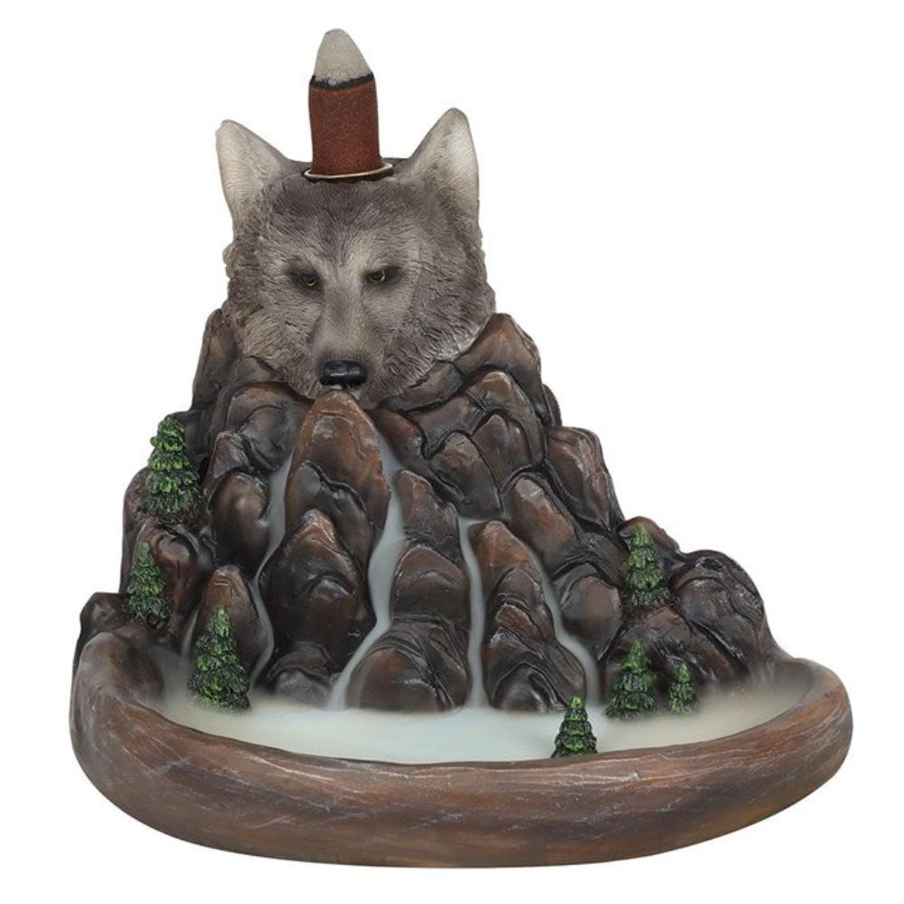 Grey wolf head cliff back flow incense burner