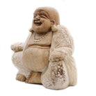 Stone statue of a laughing Buddha on a white background