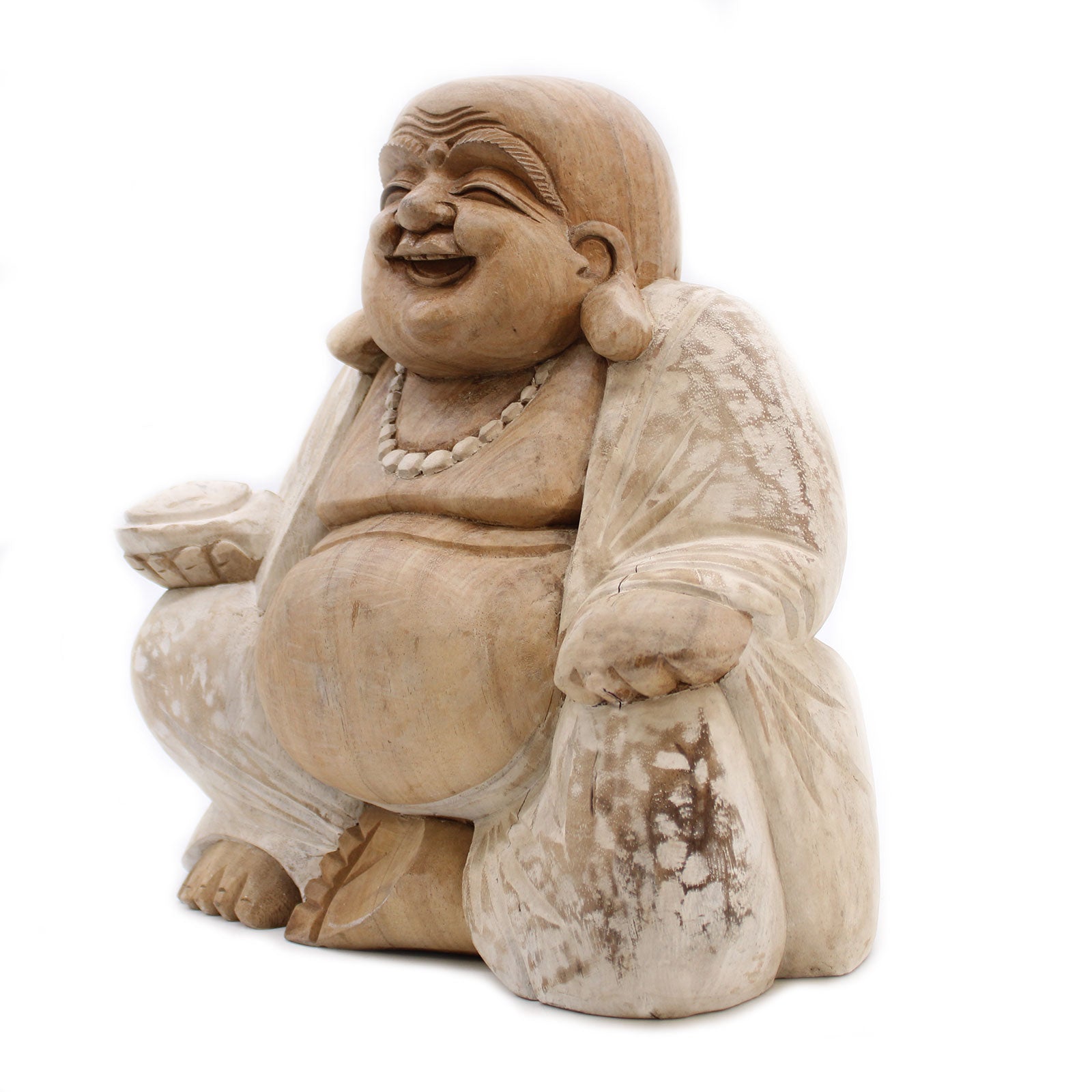 Stone statue of a laughing Buddha on a white background