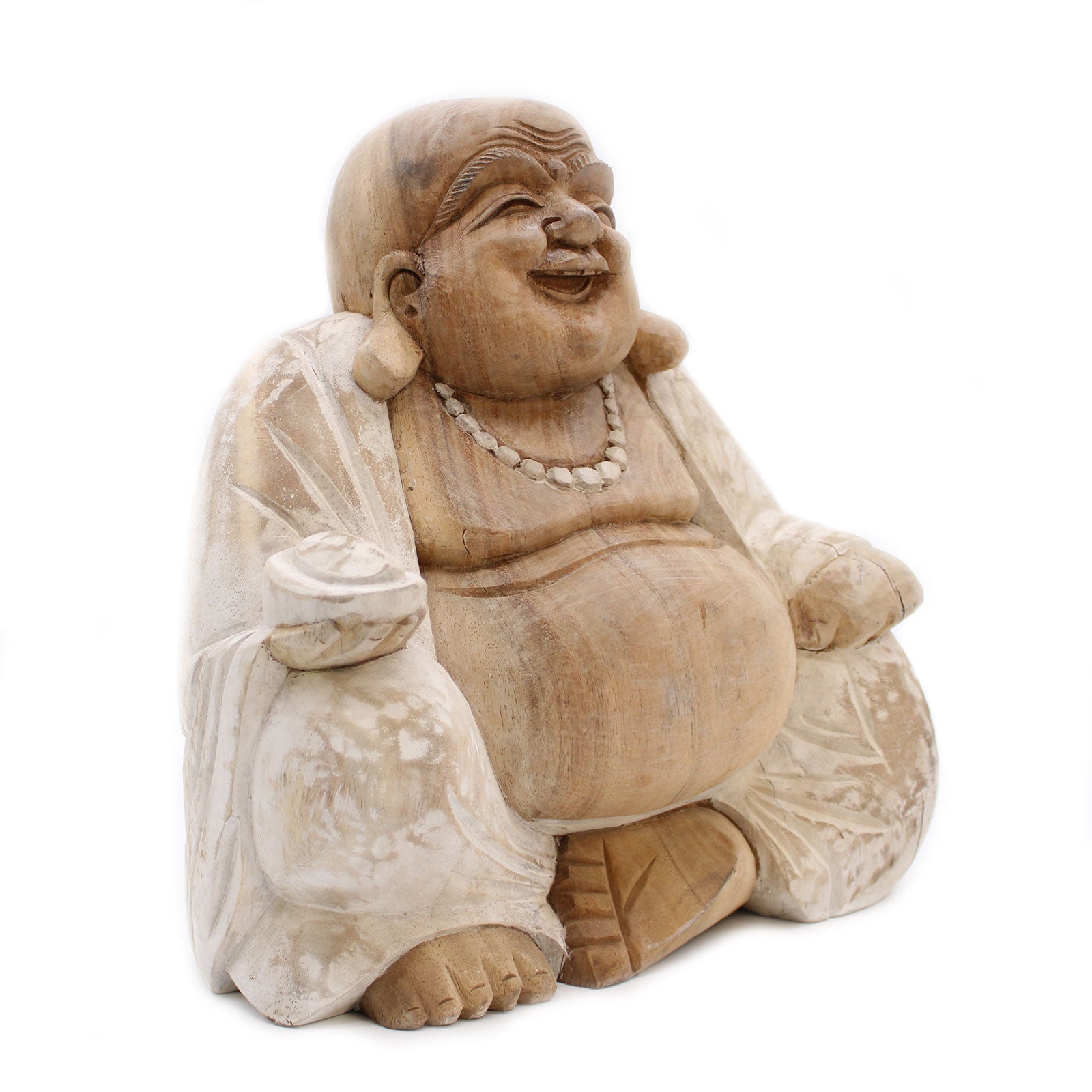 Wooden laughing Buddha statue on a white background