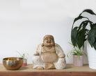 Buddha statue on a wooden shelf with plants and a brass bowl.