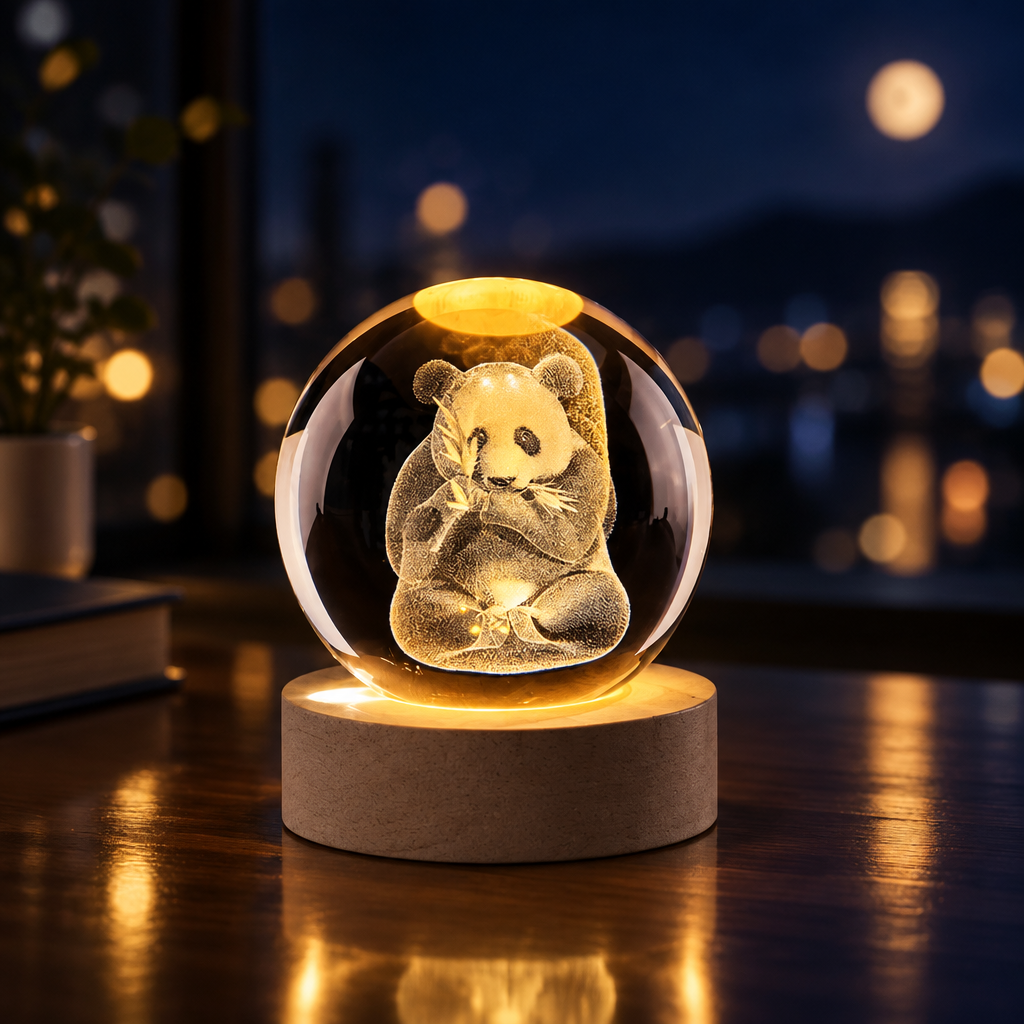 A glowing crystal snow globe featuring an intricately carved panda sitting cross-legged, set on a round illuminated wooden base. The scene is photographed on a dark wooden table with a softly blurred night cityscape background.