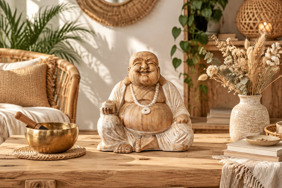 Wooden laughing Buddha on a wooden table with bohemien style living room and brass singing bowl.