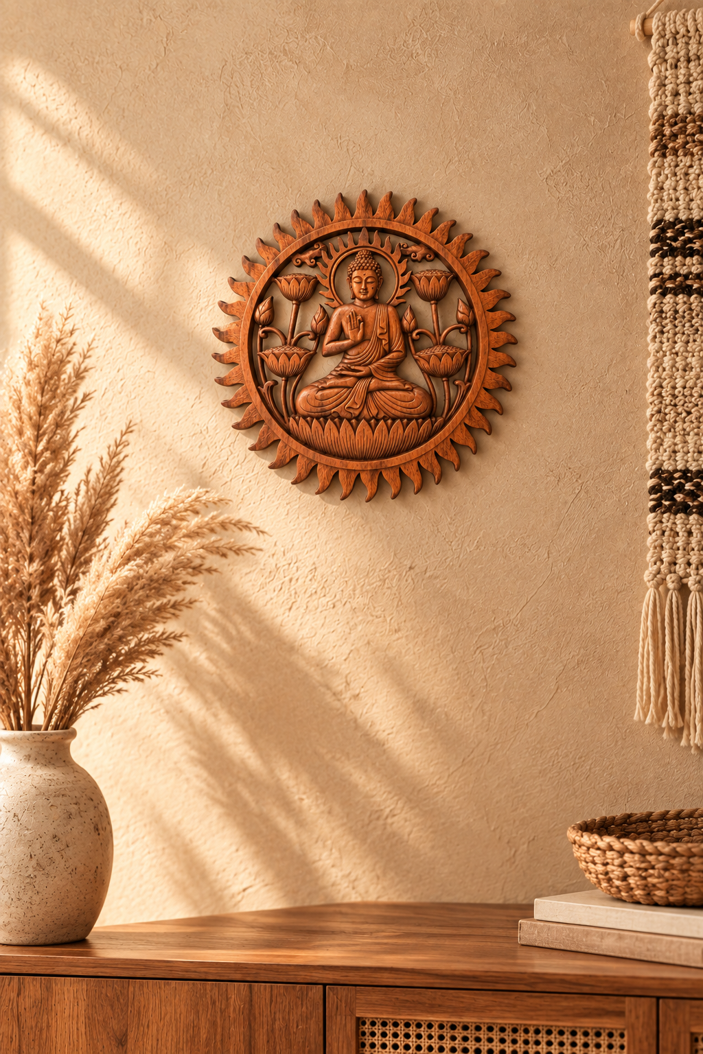 Round carved wooden Buddha wall decor in a sunburst frame, mounted on a textured beige wall above a wooden console table with dried grass in a vase and a woven basket.