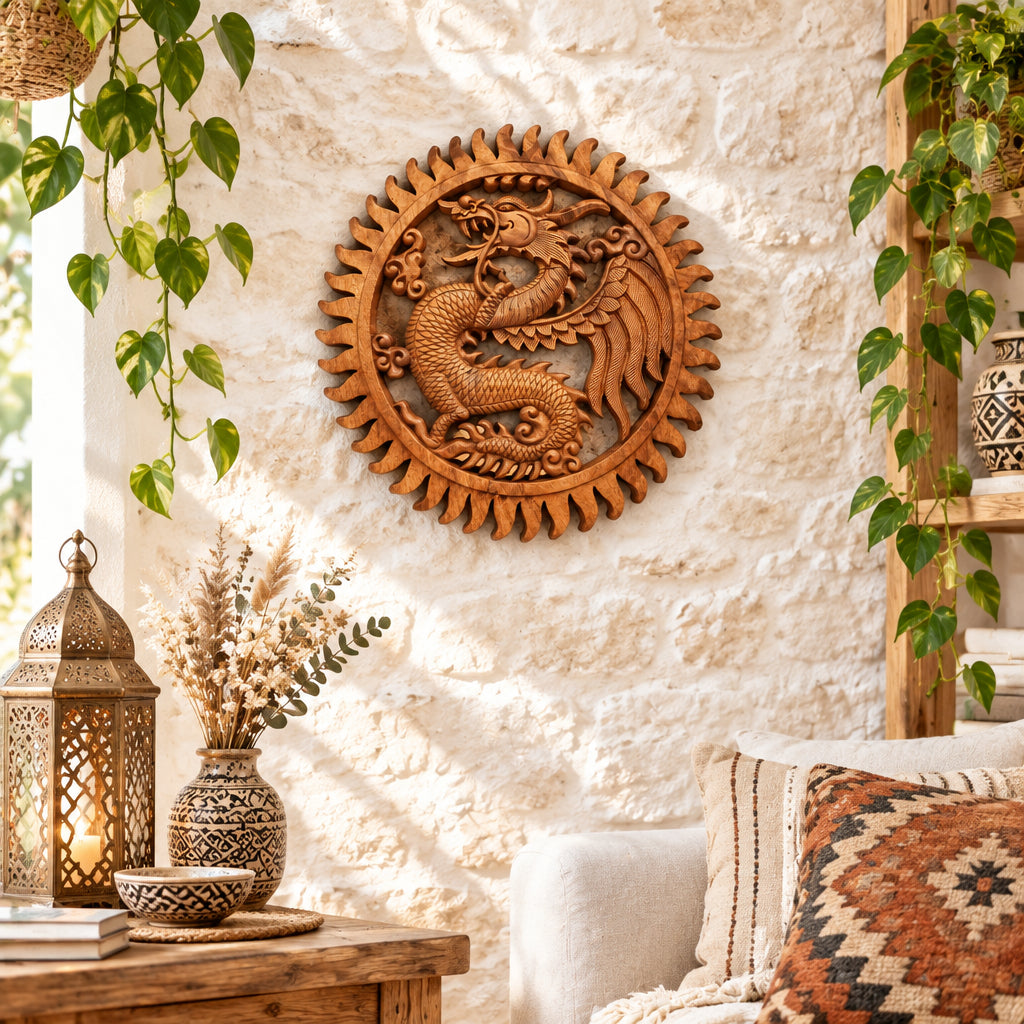 Wooden dragon wall art with sun design on a white background, with a kilim cushion and indian tealight lantern.