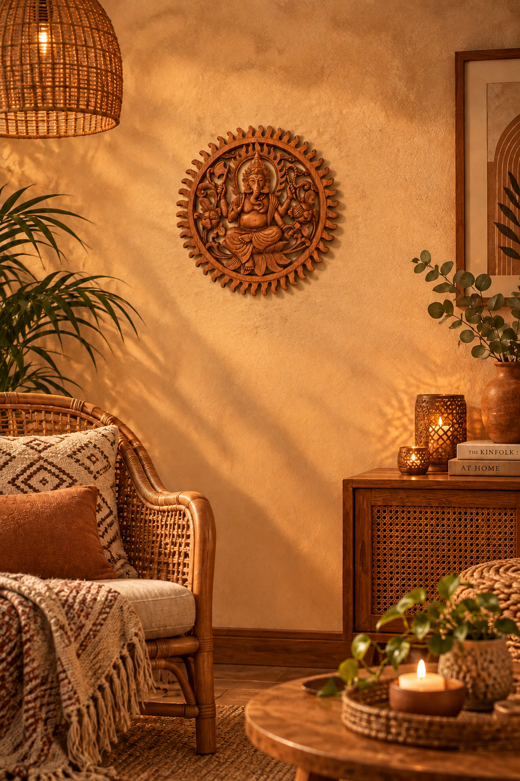 A warm, bohemian-style living room corner featuring a circular carved wooden wall art piece of a seated figure with a sunburst border, mounted on a textured beige wall. The scene includes a rattan armchair with a patterned throw blanket, a wooden sideboard with lit candles and books, and warm sunlight casting soft shadows.