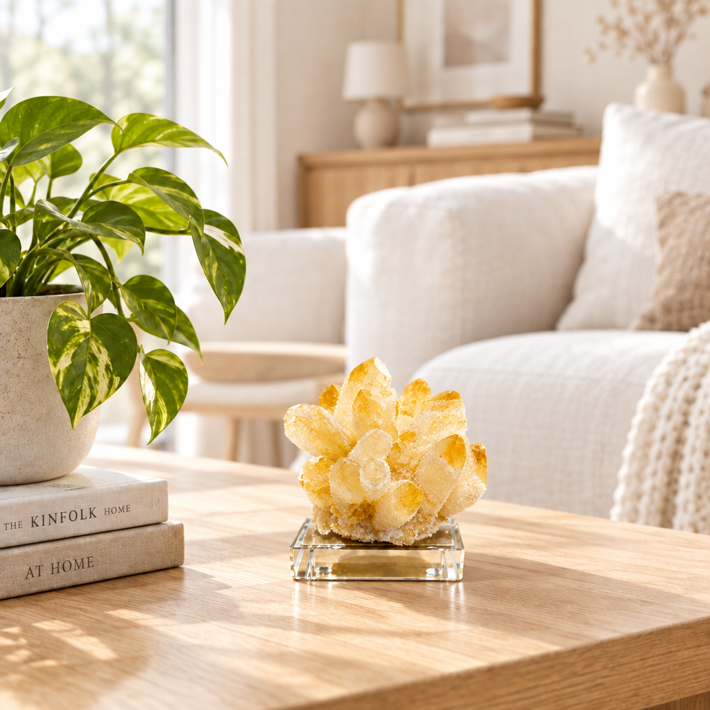 A decorative cluster of yellow crystal points resting on a clear glass square base, placed on a light wood table in a bright, modern living room setting next to a potted plant and books.