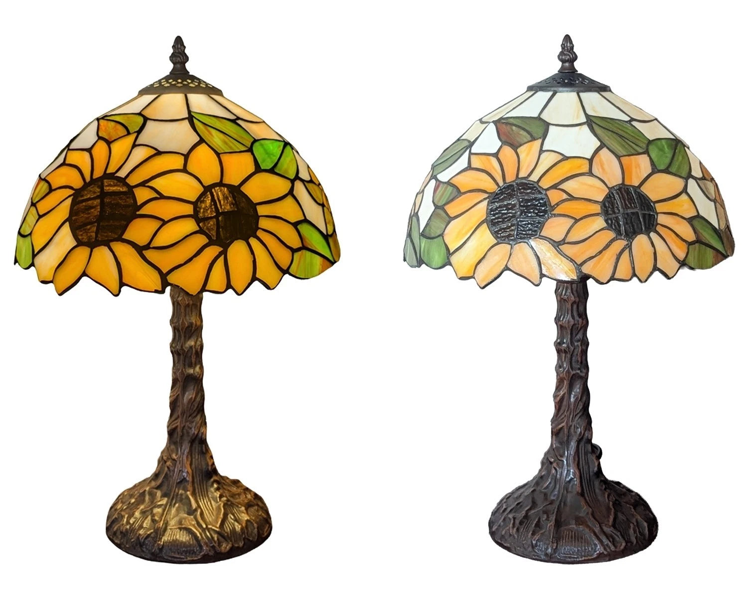 Two Tiffany-style stained glass table lamps with sunflower designs, one with a gold-toned base and one with a dark bronze-toned base, shown side by side against a white background.