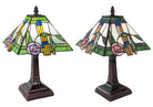 Side-by-side comparison of lit and unlit Mackintosh rose pyramid Tiffany table lamp showing stained glass details