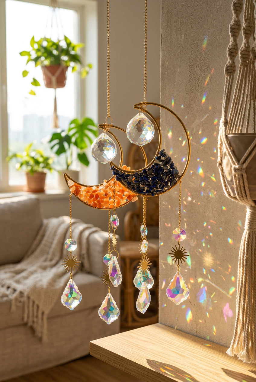 Crystal Moon Gemstone Suncatcher featuring a brass crescent frame filled with deep blue Lapis Lazuli gemstone chips, hanging crystal prisms, and sun charms catching sunlight indoors.
