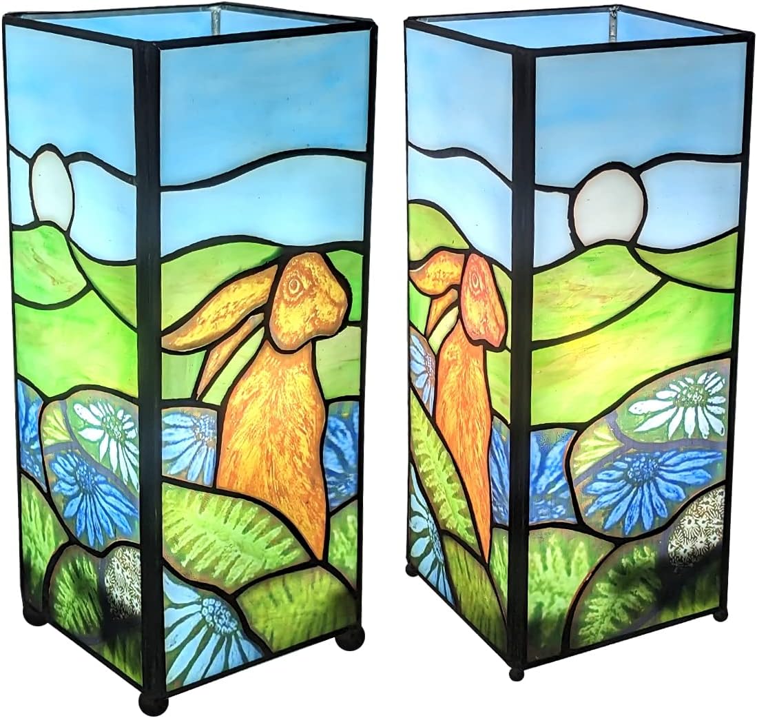 Square rabbit design Tiffany table lamp showing side and back stained glass panels | stained glass