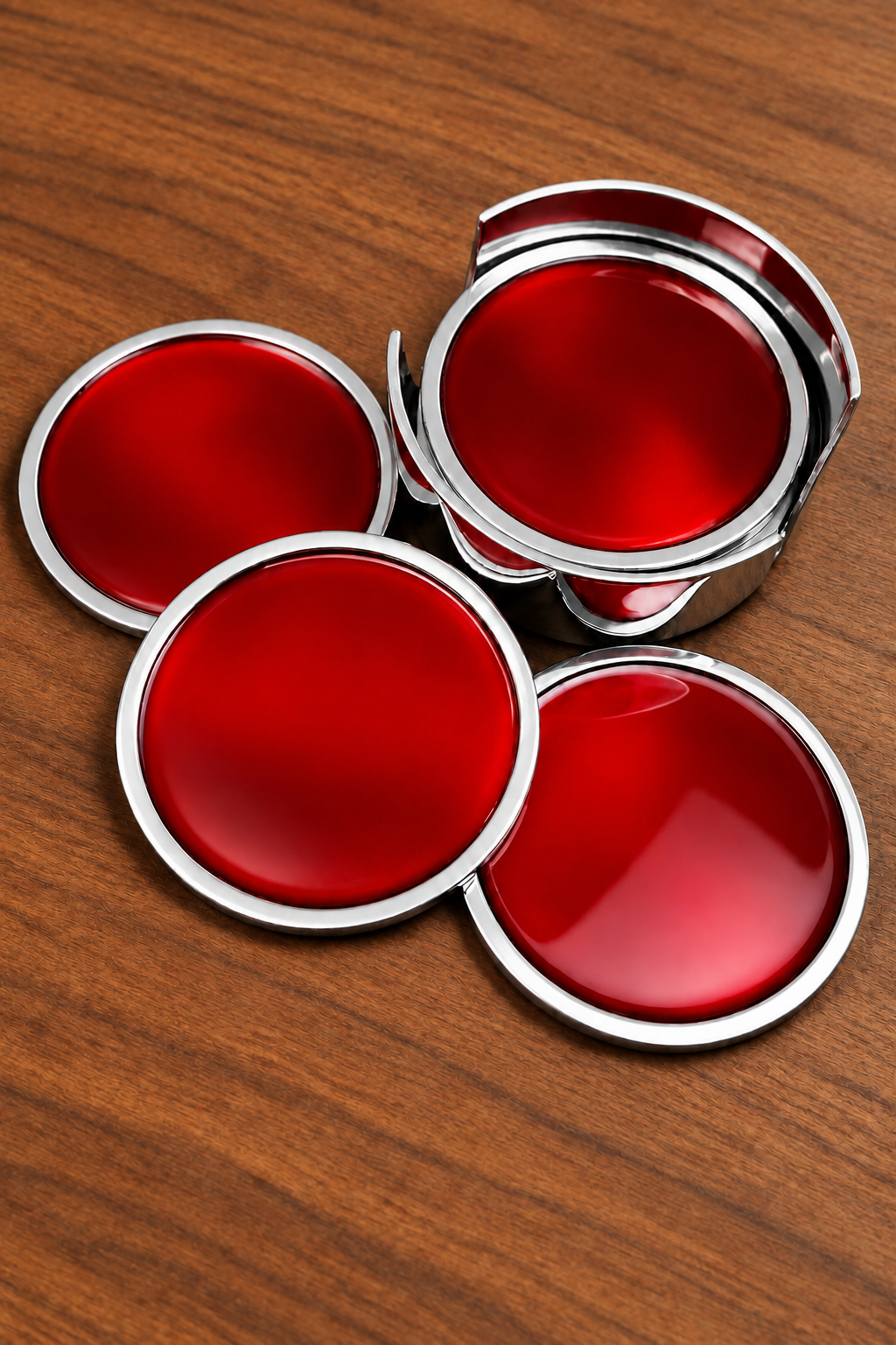 Four circular red lenses with silver metal frames arranged on a brown wooden surface.