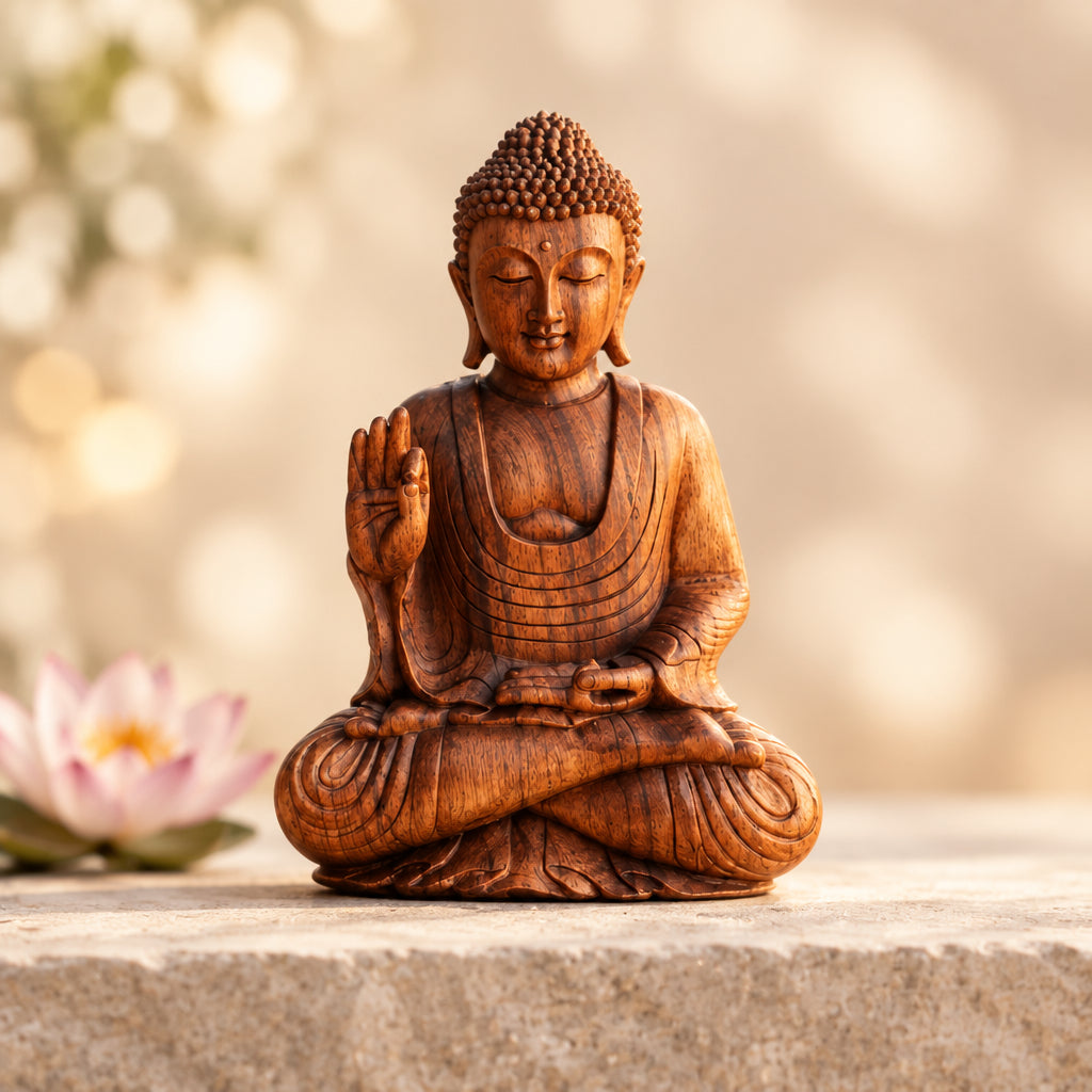 Wooden Buddha in meditation pose on a stone table with lotus flower.