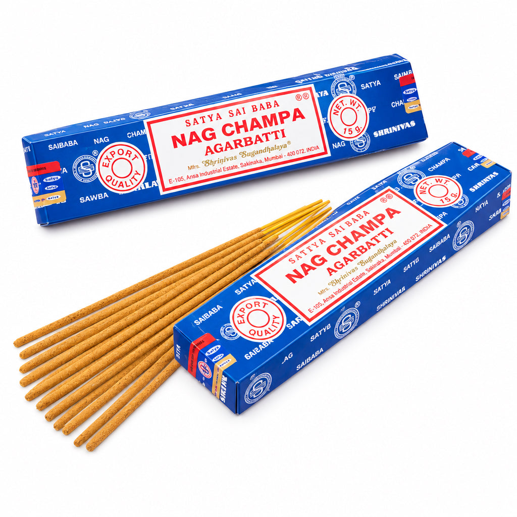 Satya Nag Champa incense box with incense on display