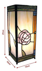 Rose Mackintosh square Tiffany style table lamp with 27cm height, 12cm width, and 12cm depth dimensions overlay