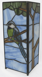Unlit square Blue Tit Tiffany style stained glass table lamp showing side panel detail