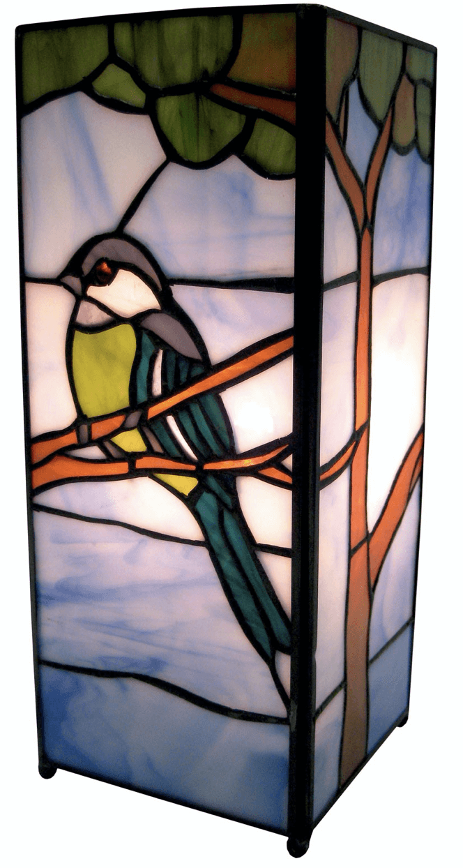 Square blue tit design Tiffany style stained glass table lamp lit up