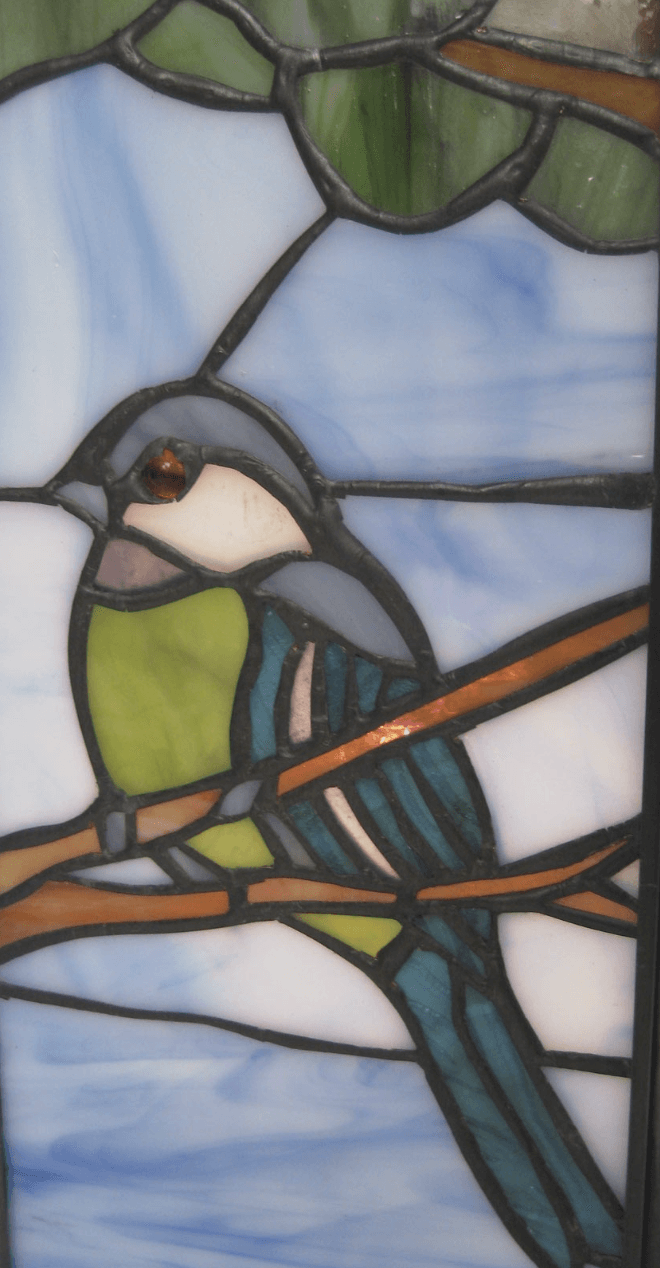 Close-up of blue tit stained glass panel on square Tiffany table lamp